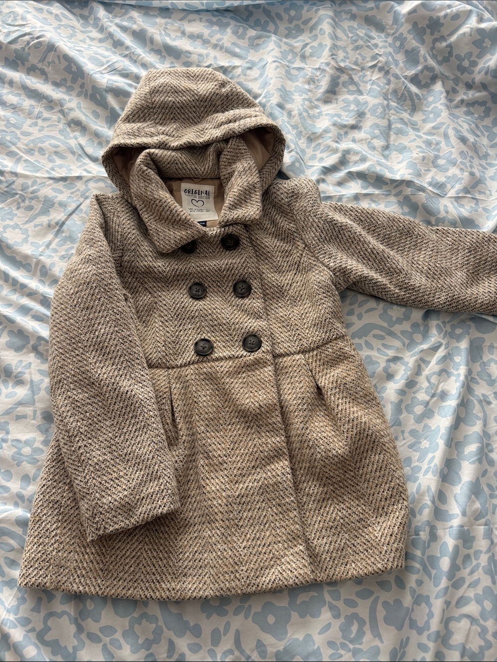 Children's Hooded Double-Breasted Pea Coat - Beige